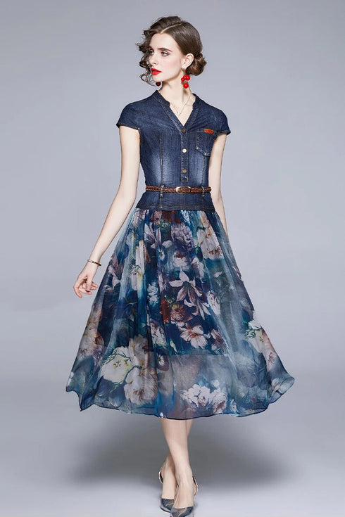 Charming & Vivid High Quality Women Autumn Dress, 2-Piece Set, Belted Denim Top + Chiffon Floral Skirt, Trendy Office & Evening Wear